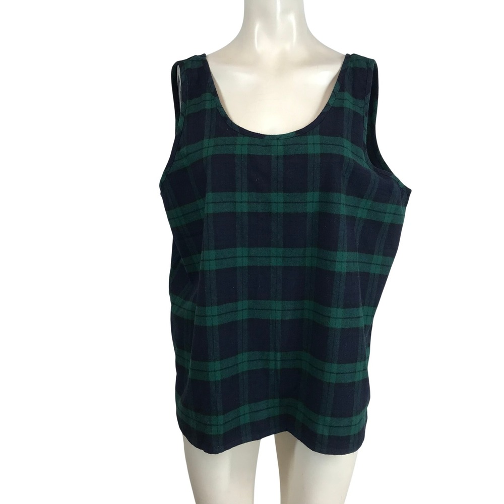 The Vermont Country Store Plaid Flannel Top Women's XL Green Navy Cotton